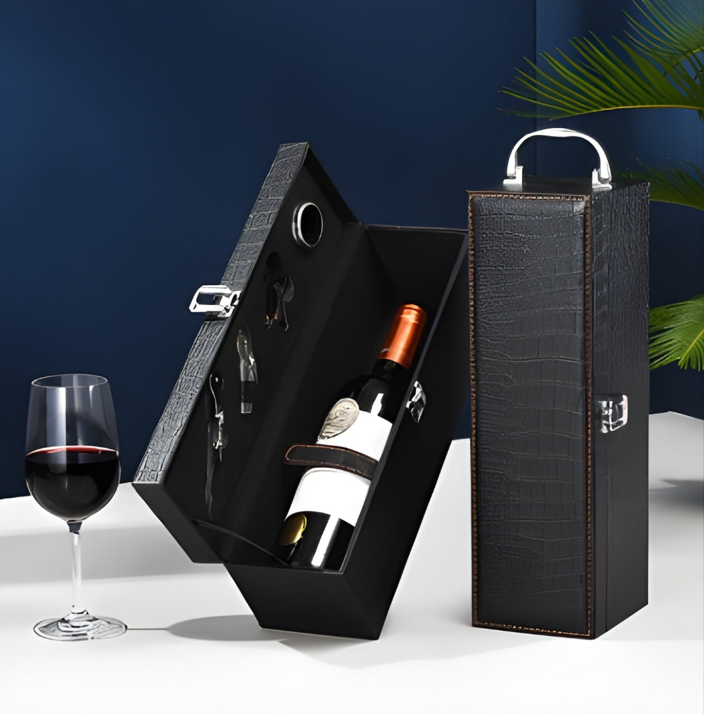 Cofanetto vino singolo in pelle PU con set accessori – Scatola regalo porta bottiglia