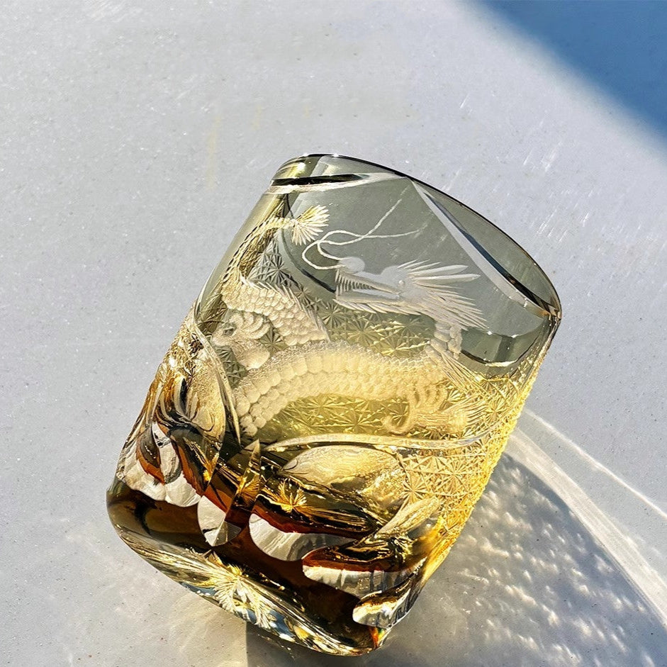 Chinese Style Loong Edo Kiriko Whiskey Glass Hand Engraved Dragon Amber Crystal Brandy XO Rock Wine Snifter Whisky Cup Gift Box GuerraHome