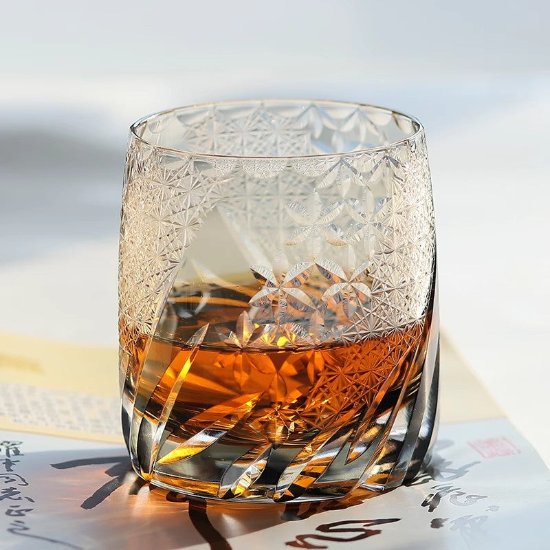 Bicchiere Edo Kiriko – Fiori D'Ambra – Scatola in legno GuerraHome