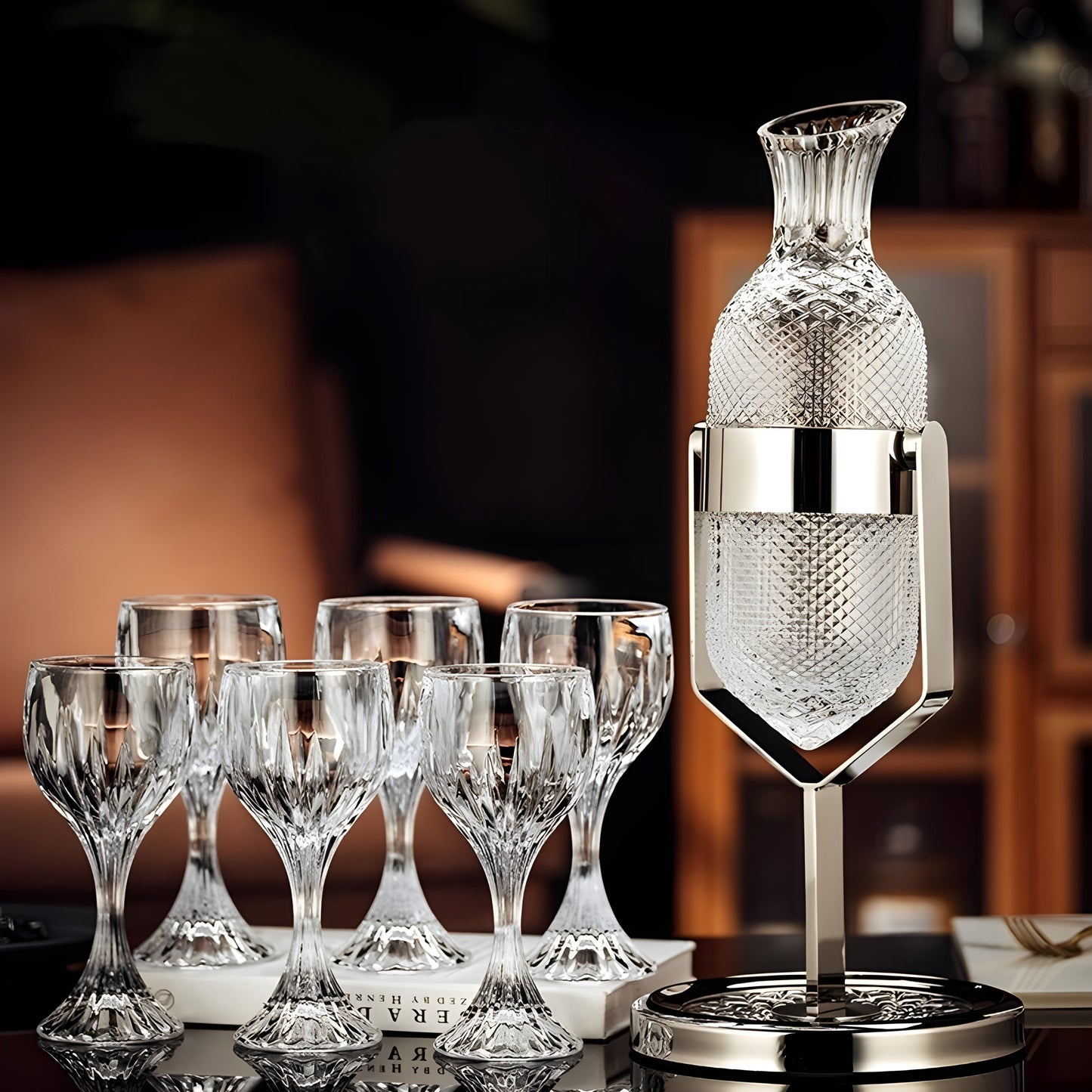 Set Decanter con Calici – “Pendolo Argento” – Design Moderno in Cristallo< GuerraHome