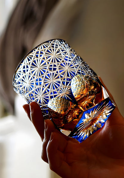 Bicchiere Edo Kiriko - Cristantemo Blu Zaffiro- Scatola in legno GuerraHome