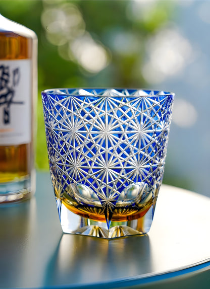 Bicchiere Edo Kiriko - Cristantemo Blu Zaffiro- Scatola in legno GuerraHome