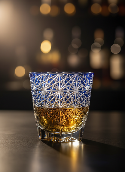 Bicchiere Edo Kiriko - 'Crisantemo Blu Zaffiro'- Scatola in legno