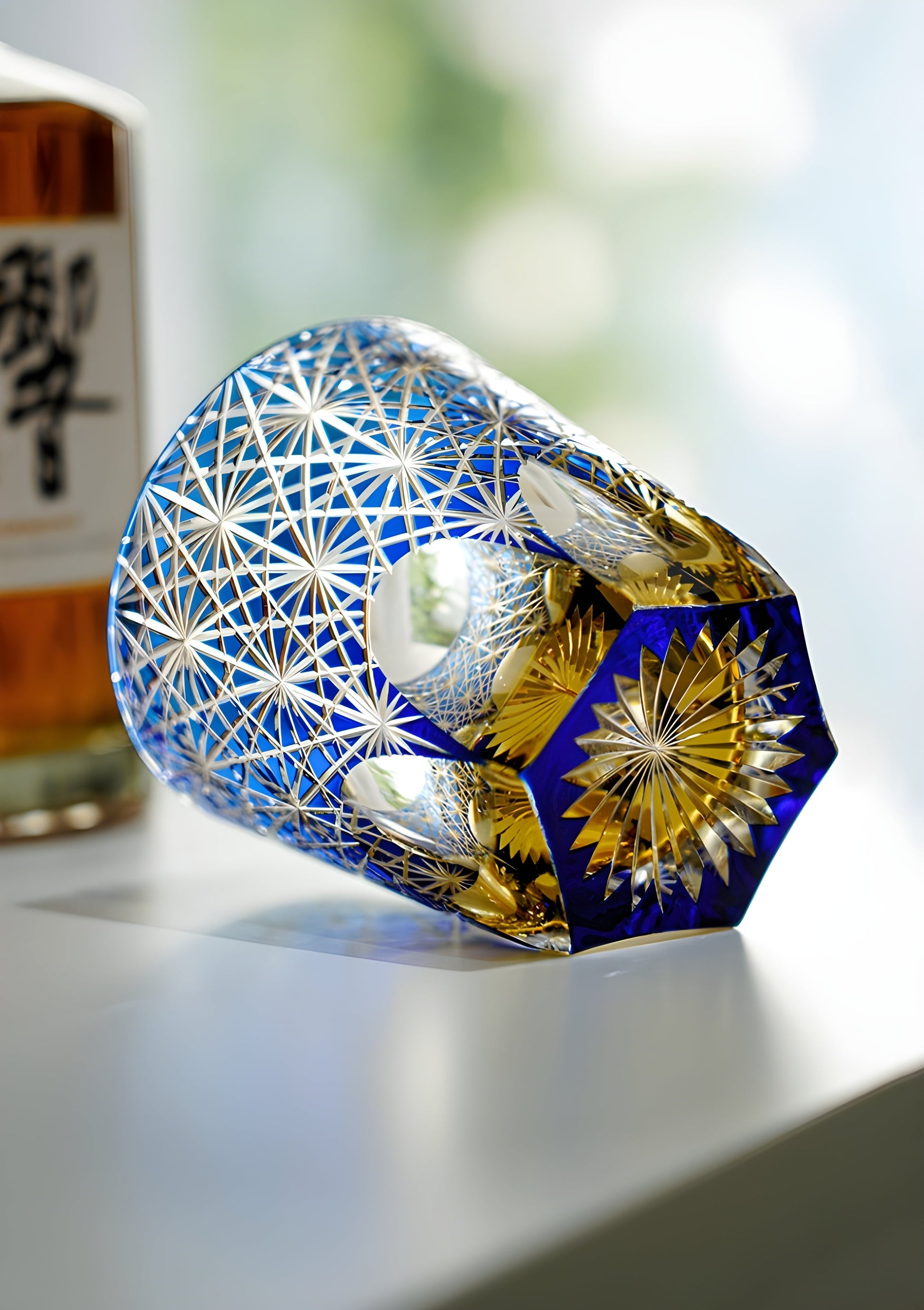 Bicchiere Edo Kiriko - Cristantemo Blu Zaffiro- Scatola in legno GuerraHome