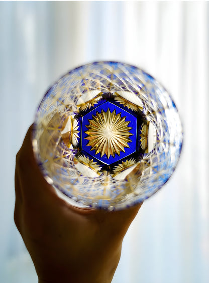 Bicchiere Edo Kiriko - Cristantemo Blu Zaffiro- Scatola in legno GuerraHome