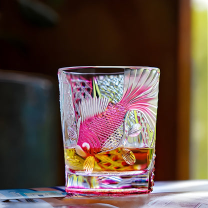 PINK Crystal Goldfish Edo Kiriko Wine Glass Exquisite Carving Wineglass Whiskey Cup Brandy Snifter Liquor Whisky Rock Dropship GuerraHome