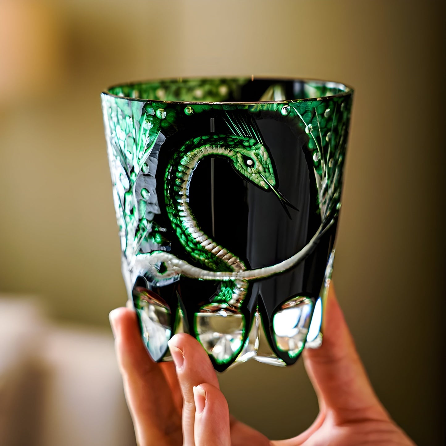 Bicchiere Edo Kiriko – “Serpente Smeraldo” – Scatola in legno GuerraHome