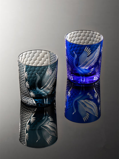 Bicchiere Edo Kiriko – Gru Inciso a Mano – Scatola in legno GuerraHome