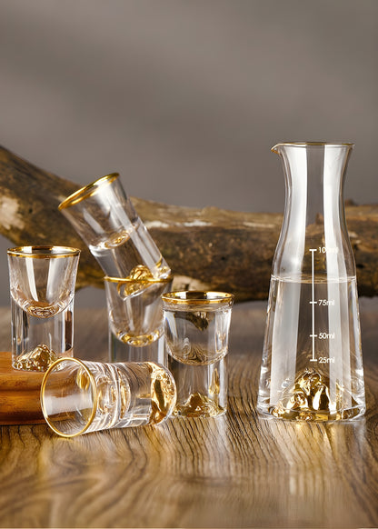Set Bicchieri da Shot in Cristallo – Modello "Golden Mountain" 24K con Decanter 100 ml