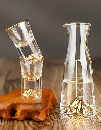 Set Bicchieri da Shot in Cristallo – Modello "Golden Mountain" 24K con Decanter 100 ml