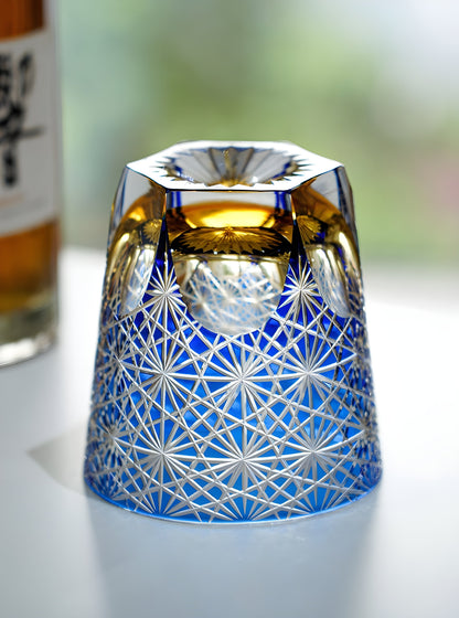 Bicchiere Edo Kiriko - Cristantemo Blu Zaffiro- Scatola in legno GuerraHome