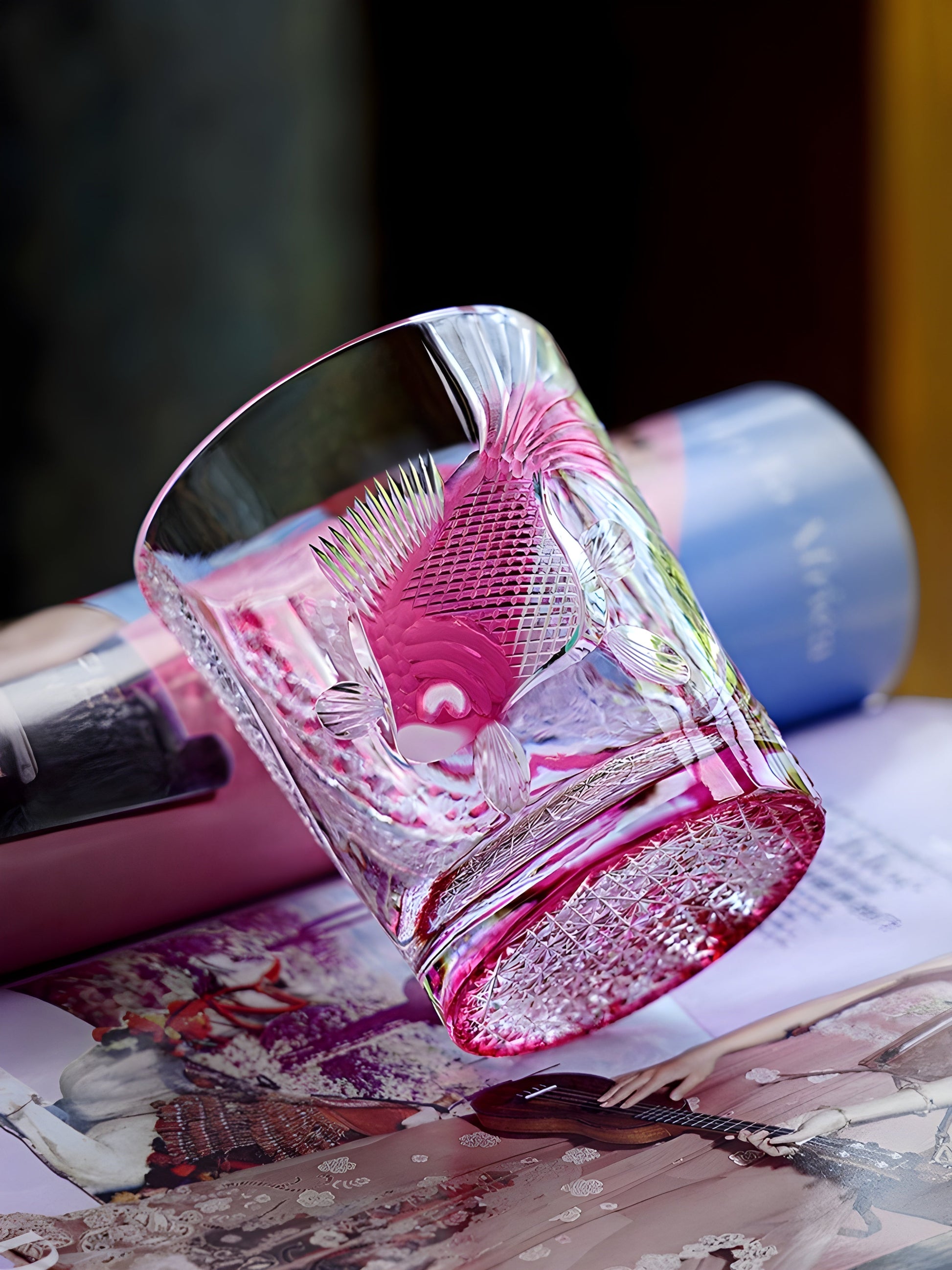 PINK Crystal Goldfish Edo Kiriko Wine Glass Exquisite Carving Wineglass Whiskey Cup Brandy Snifter Liquor Whisky Rock Dropship GuerraHome