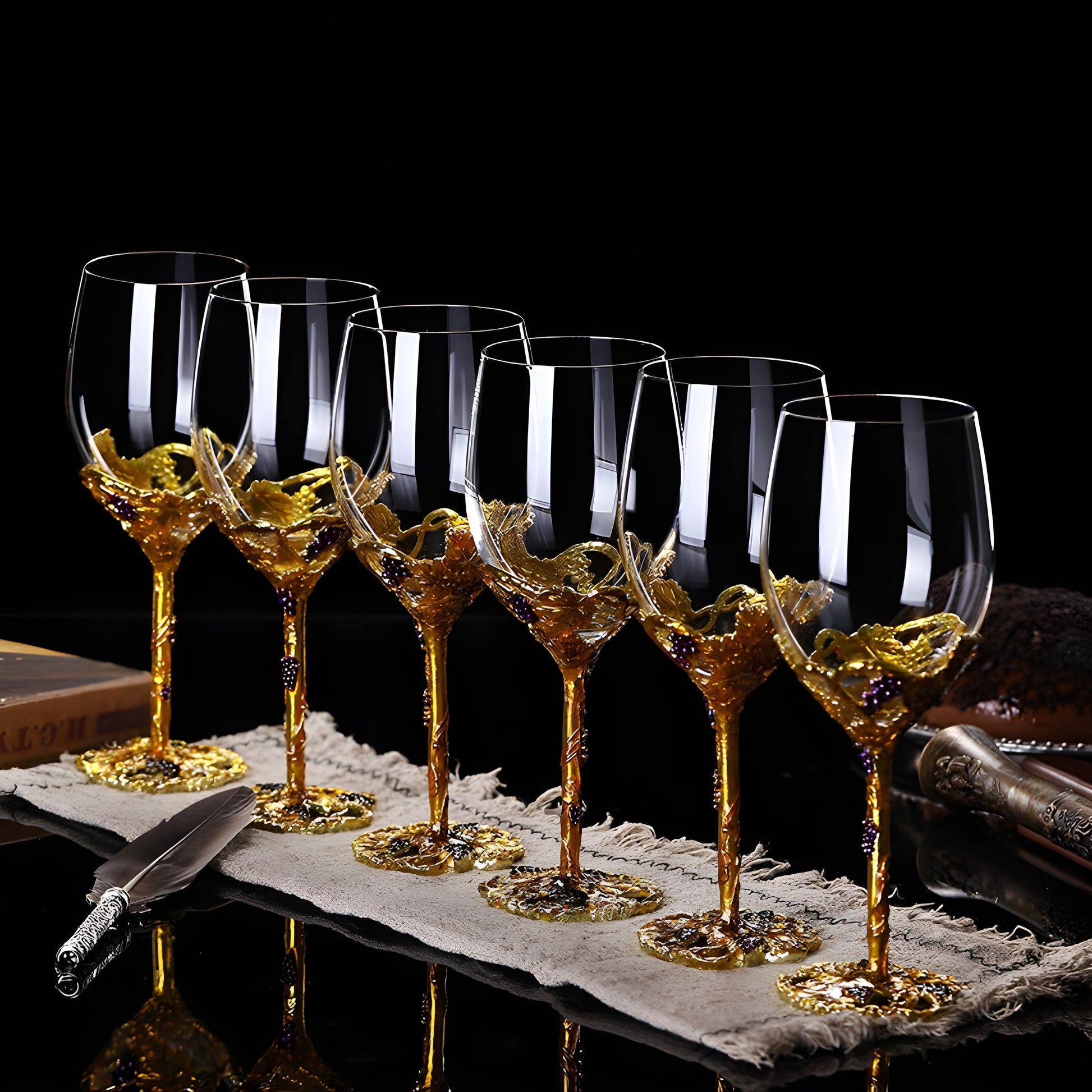 Set Di Calici Con Decanter "Golden Vine" In Cristallo GuerraHome
