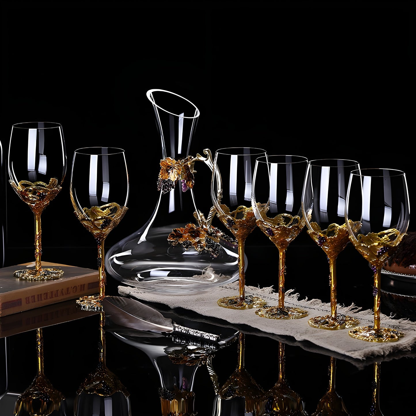 Set Di Calici Con Decanter "Golden Vine" In Cristallo GuerraHome