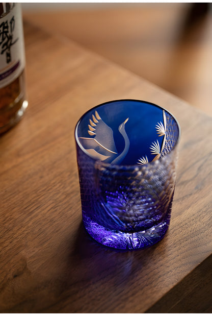 Bicchiere Edo Kiriko – Gru Inciso a Mano – Scatola in legno GuerraHome