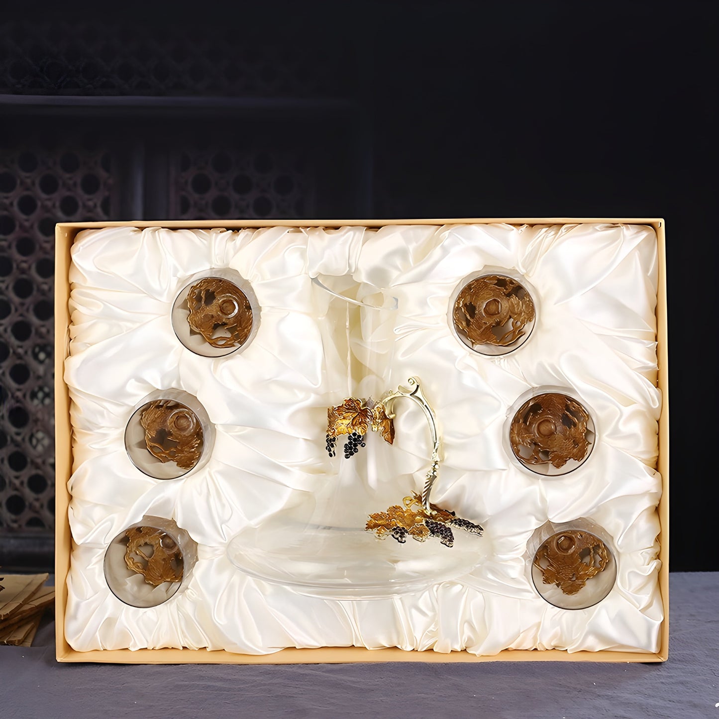 Set Di Calici Con Decanter "Golden Vine" In Cristallo GuerraHome