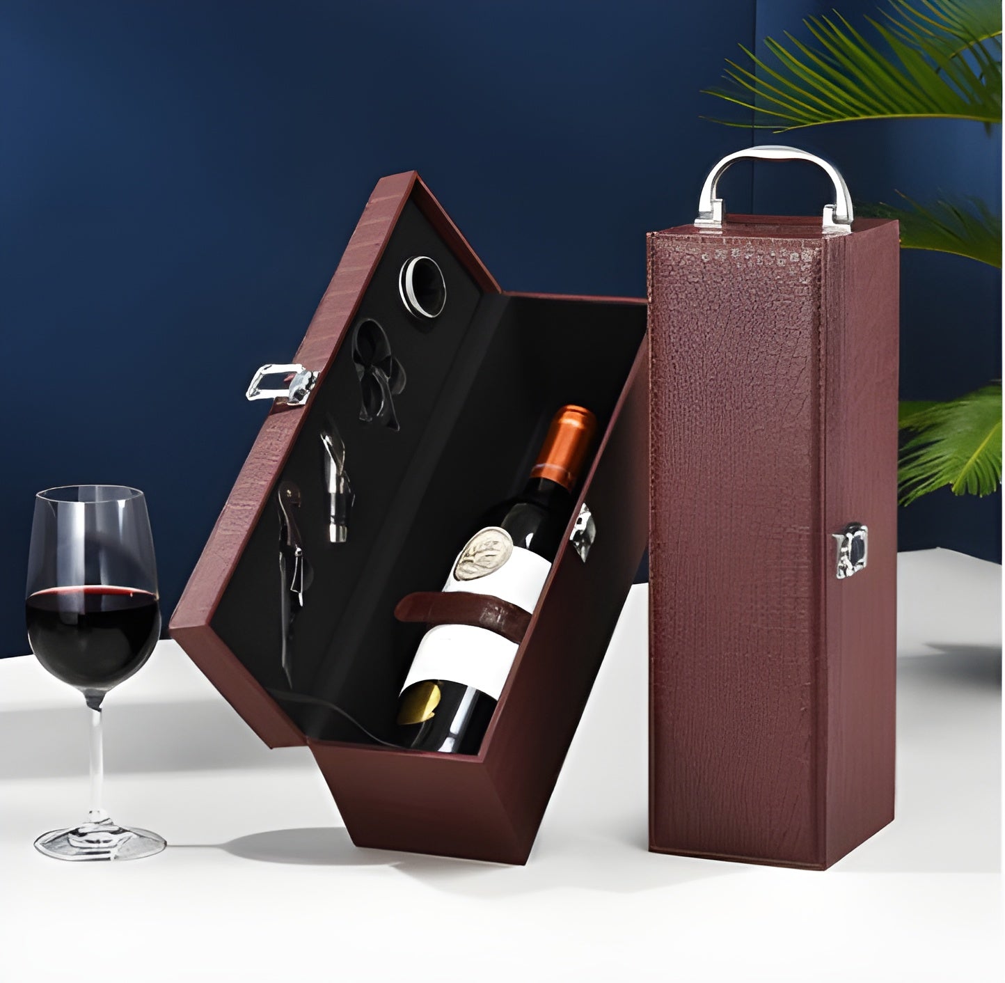Cofanetto vino singolo in pelle PU con set accessori – Scatola regalo porta bottiglia GuerraHome
