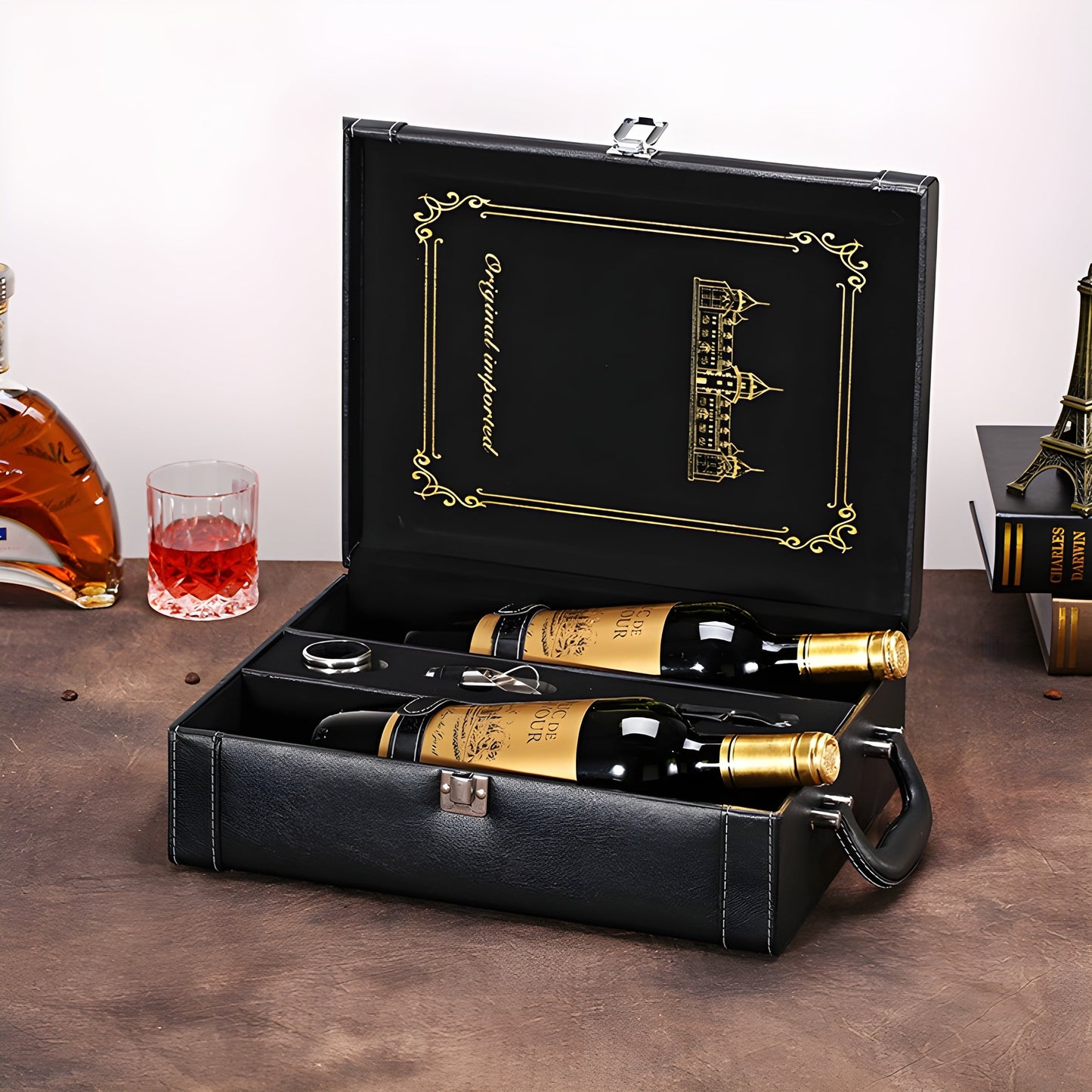 Cofanetto Regalo Vino in Pelle – Porta 1 o 2 Bottiglie (Nero o Marrone Scuro GuerraHome