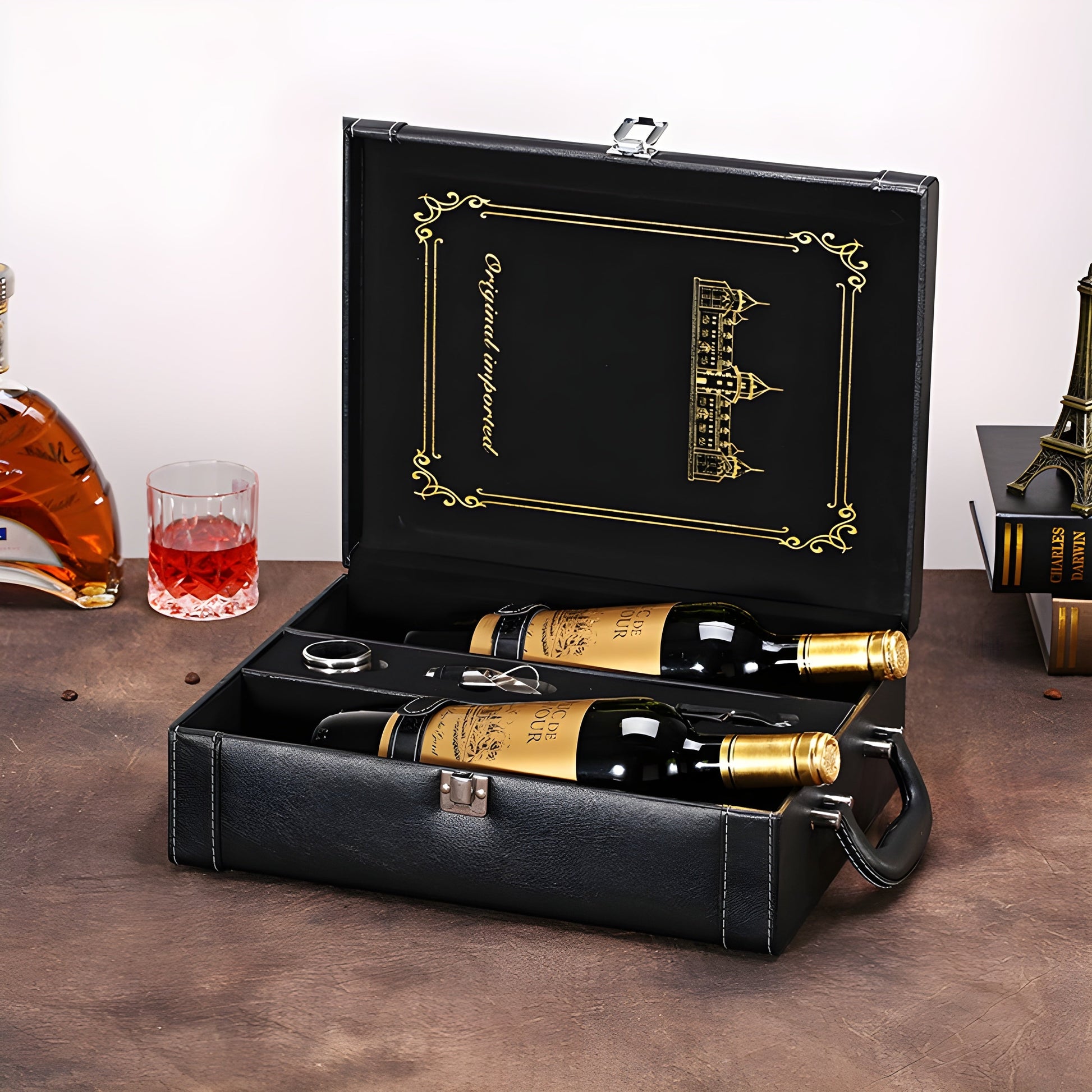 Cofanetto Regalo Vino in Pelle – Porta 1 o 2 Bottiglie (Nero o Marrone Scuro GuerraHome