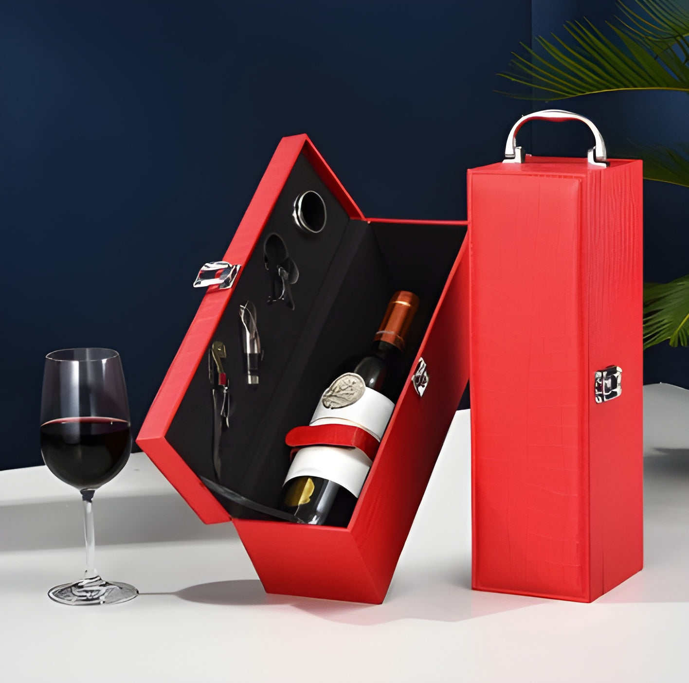 Cofanetto vino singolo in pelle PU con set accessori – Scatola regalo porta bottiglia GuerraHome