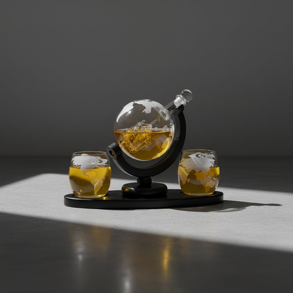 Set Di Bicchieri e Decanter - Modello "Viaggiatore" - Globo con Veliero e Mappamondo