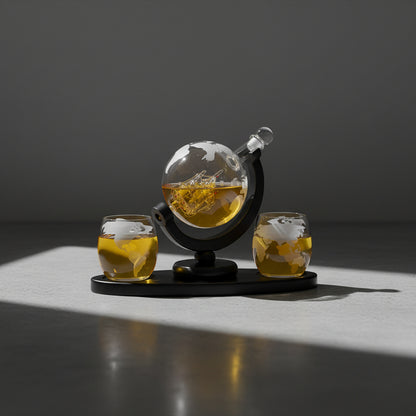 Set Di Bicchieri e Decanter - Modello "Viaggiatore" - Globo con Veliero e Mappamondo