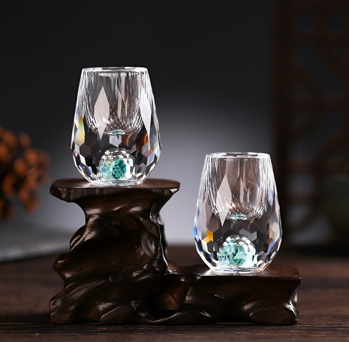Bicchieri da Shot in Cristallo – Modello 'Diamante' (Versione Oro o Turchese) con Decanter