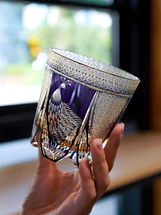 Bicchiere Edo Kiriko – ‘Pavone Viola’ – Scatola in legno GuerraHome