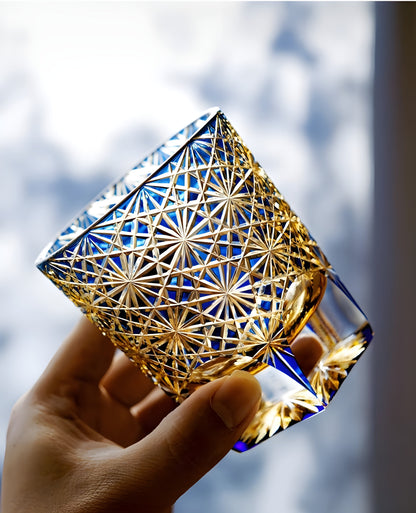 Bicchiere Edo Kiriko - Cristantemo Blu Zaffiro- Scatola in legno GuerraHome