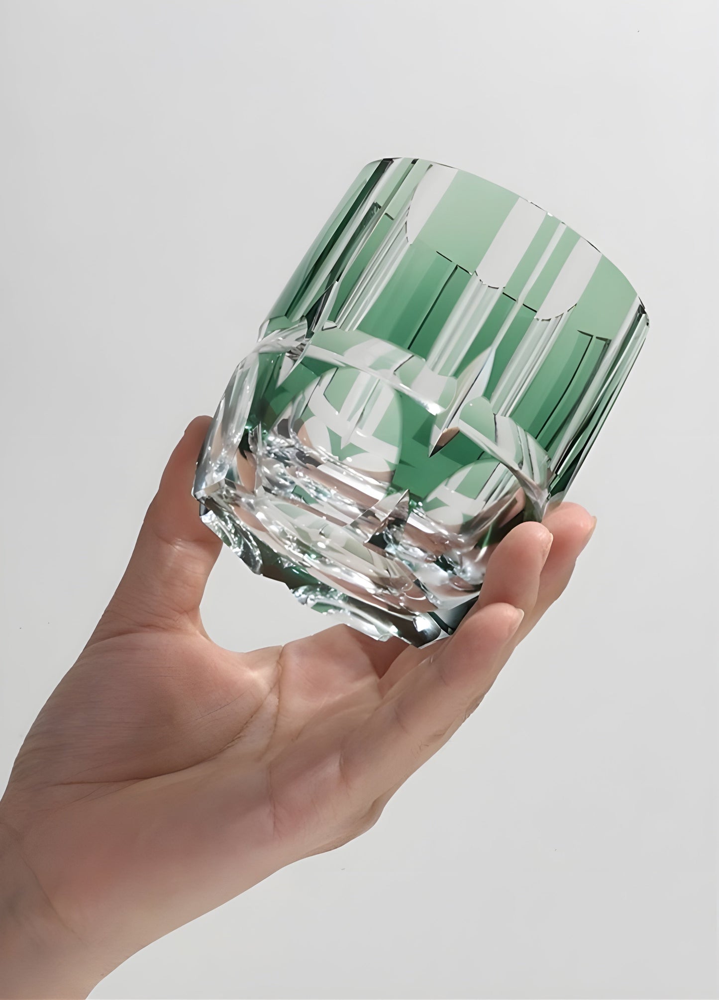 Edo Kiriko Crystal Rock Glass, Hand Carving, Green Bamboo Liquor Wine Tumbler, Top Grade Whiskey Cup, Japan Style, KAGAMI Design GuerraHome