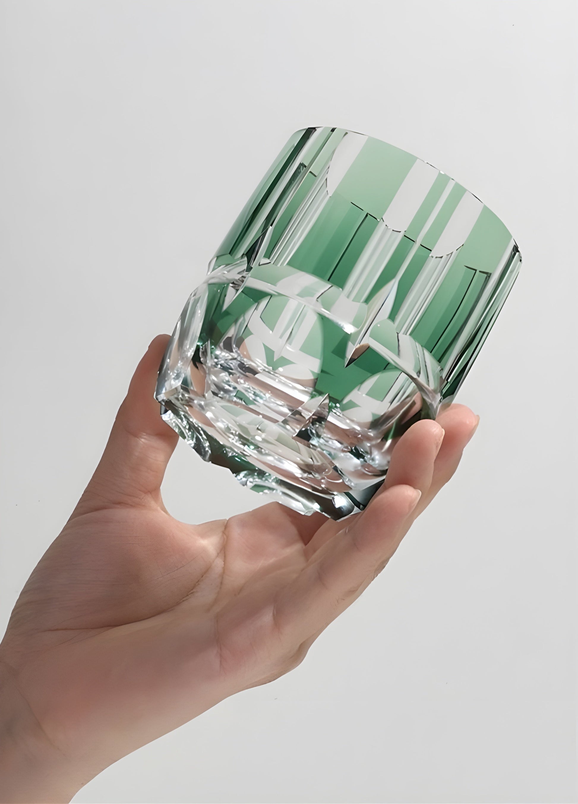 Edo Kiriko Crystal Rock Glass, Hand Carving, Green Bamboo Liquor Wine Tumbler, Top Grade Whiskey Cup, Japan Style, KAGAMI Design GuerraHome