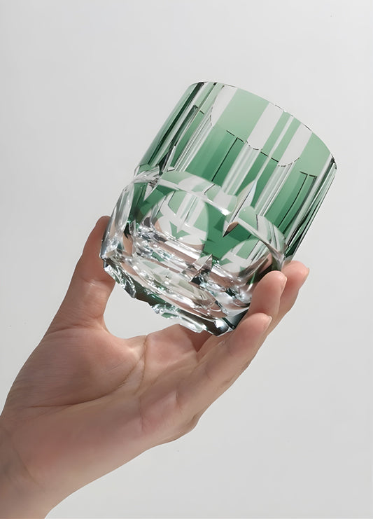 Edo Kiriko Crystal Rock Glass, Hand Carving, Green Bamboo Liquor Wine Tumbler, Top Grade Whiskey Cup, Japan Style, KAGAMI Design GuerraHome