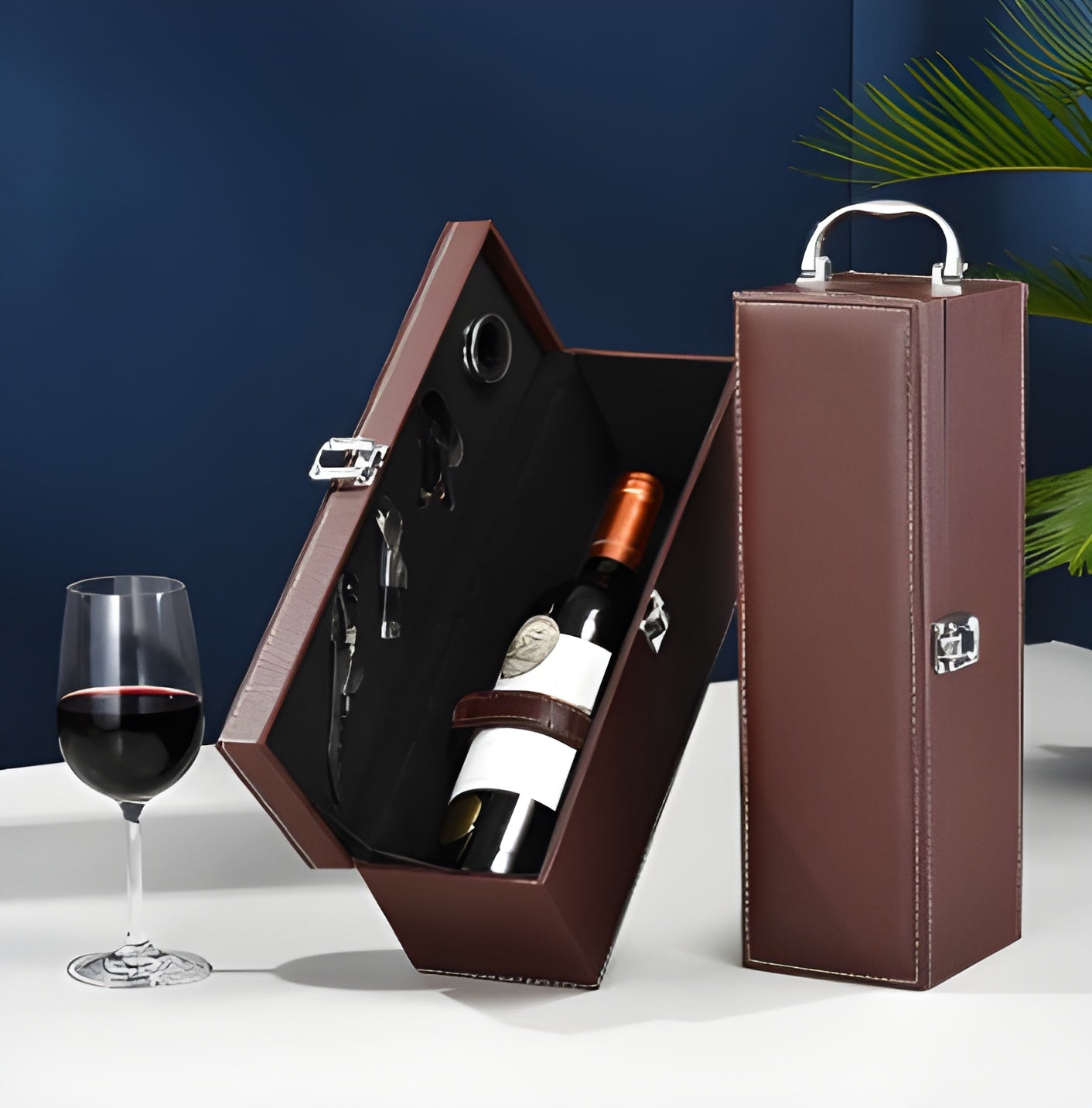 Cofanetto vino singolo in pelle PU con set accessori – Scatola regalo porta bottiglia GuerraHome
