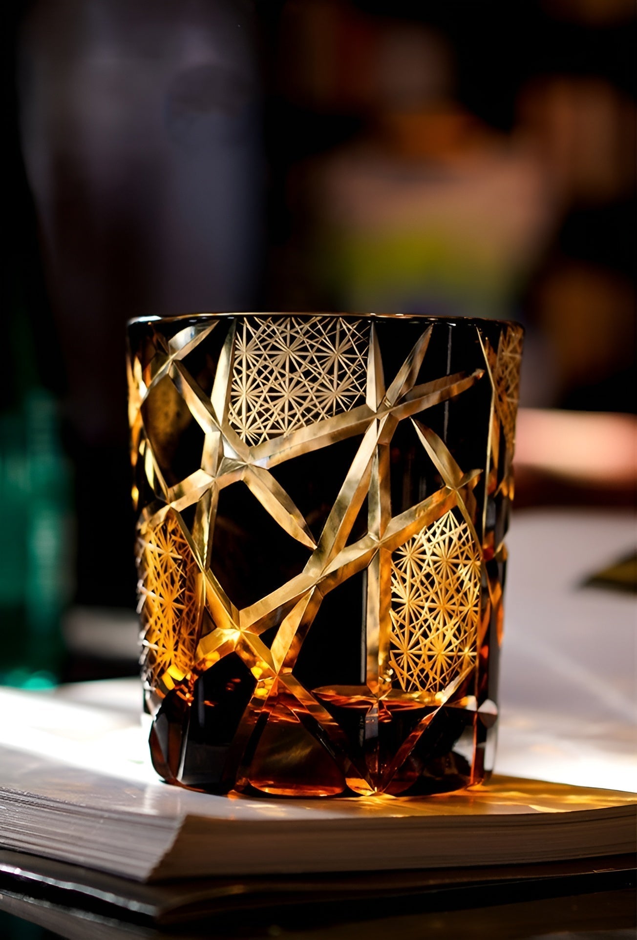 Japanese Royal Special Retro Wine Tumbler, Hand Cut, Flashing Lightning Design, Amber Whiskey Glass, High End Gift Box, Edo Kiri GuerraHome