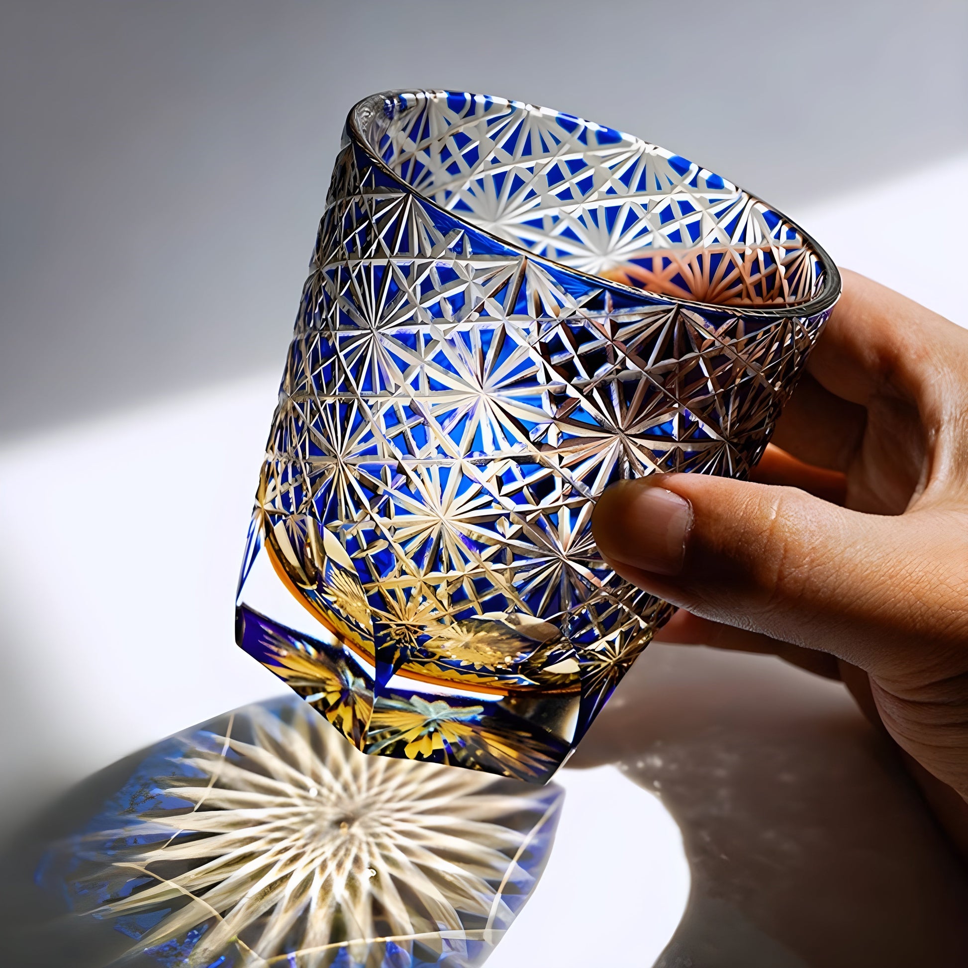 Bicchiere Edo Kiriko - Cristantemo Blu Zaffiro- Scatola in legno GuerraHome