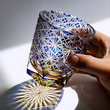 Bicchiere Edo Kiriko - Cristantemo Blu Zaffiro- Scatola in legno GuerraHome