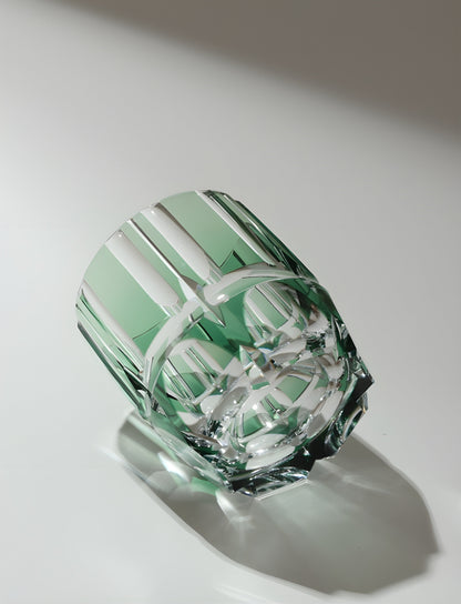 Edo Kiriko Crystal Rock Glass, Hand Carving, Green Bamboo Liquor Wine Tumbler, Top Grade Whiskey Cup, Japan Style, KAGAMI Design GuerraHome