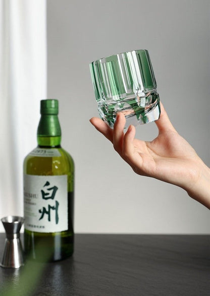 Edo Kiriko Crystal Rock Glass, Hand Carving, Green Bamboo Liquor Wine Tumbler, Top Grade Whiskey Cup, Japan Style, KAGAMI Design GuerraHome