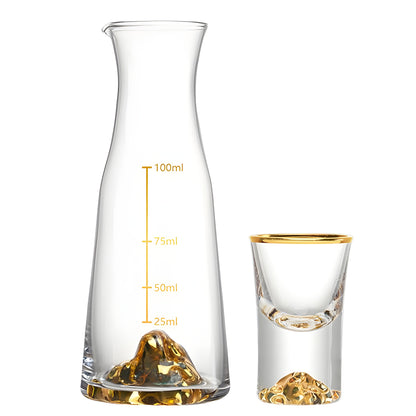 Set Bicchieri da Shot in Cristallo – Modello "Golden Mountain" 24K con Decanter 100 ml