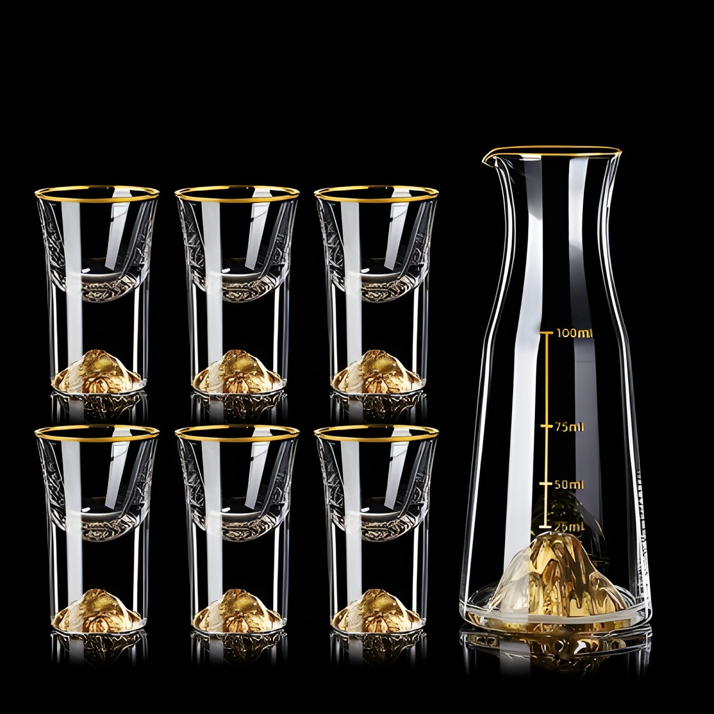 Set Bicchieri da Shot in Cristallo – Modello "Golden Mountain" 24K con Decanter 100 ml