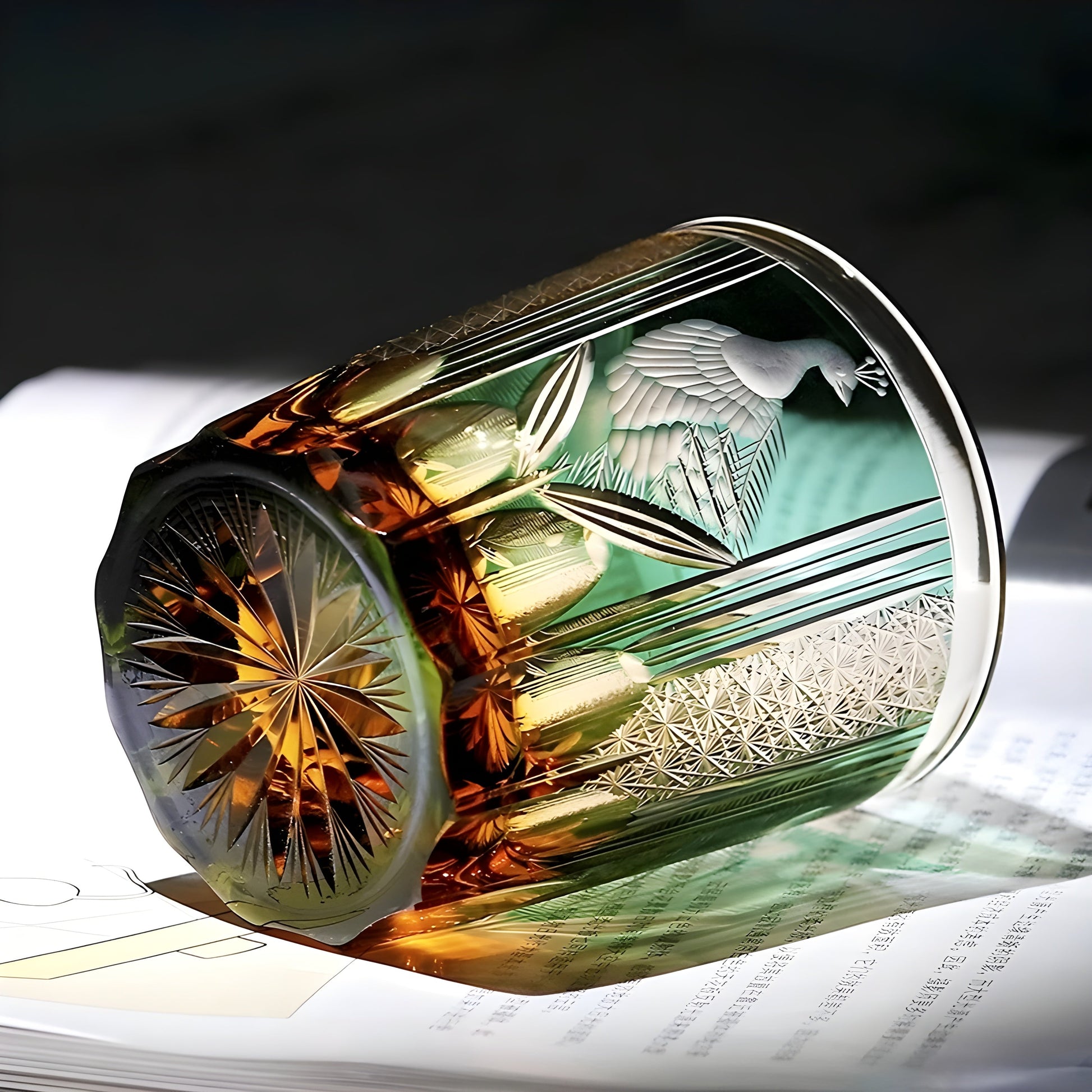 Bicchiere Edo Kiriko - Kagami Design “Pavone Smeraldo” –  Scatola in Legno GuerraHome