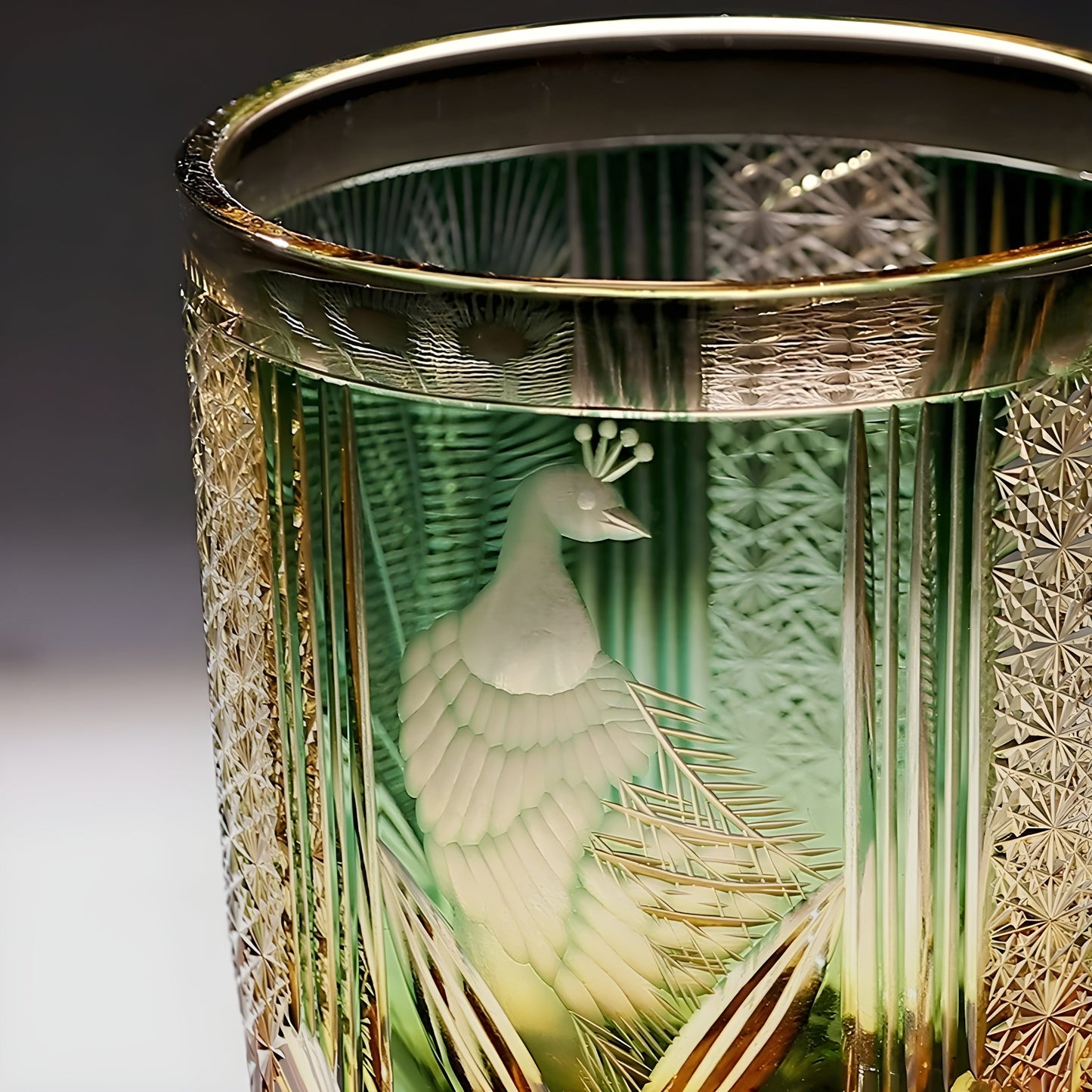Bicchiere Edo Kiriko - Kagami Design “Pavone Smeraldo” –  Scatola in Legno GuerraHome