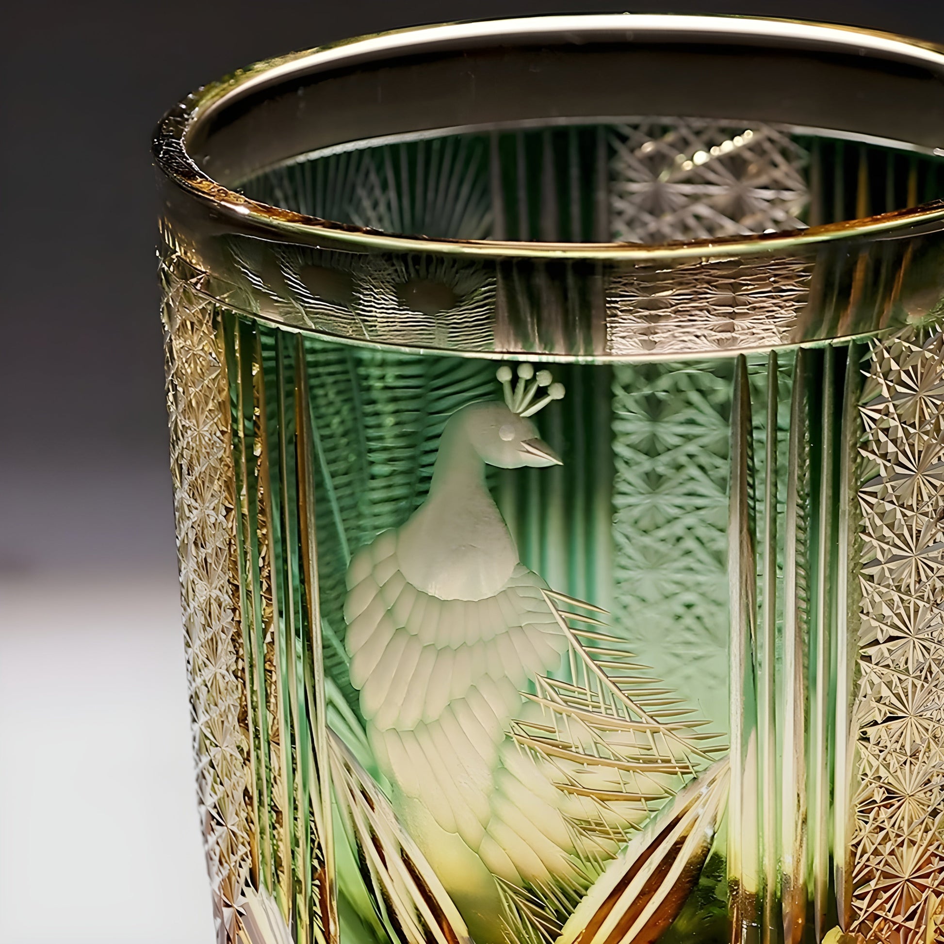 Bicchiere Edo Kiriko - Kagami Design “Pavone Smeraldo” –  Scatola in Legno GuerraHome