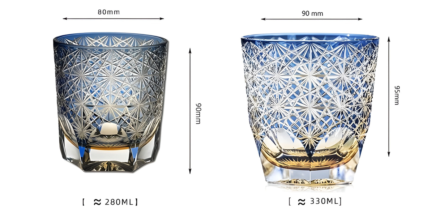 Bicchiere Edo Kiriko - Cristantemo Blu Zaffiro- Scatola in legno GuerraHome