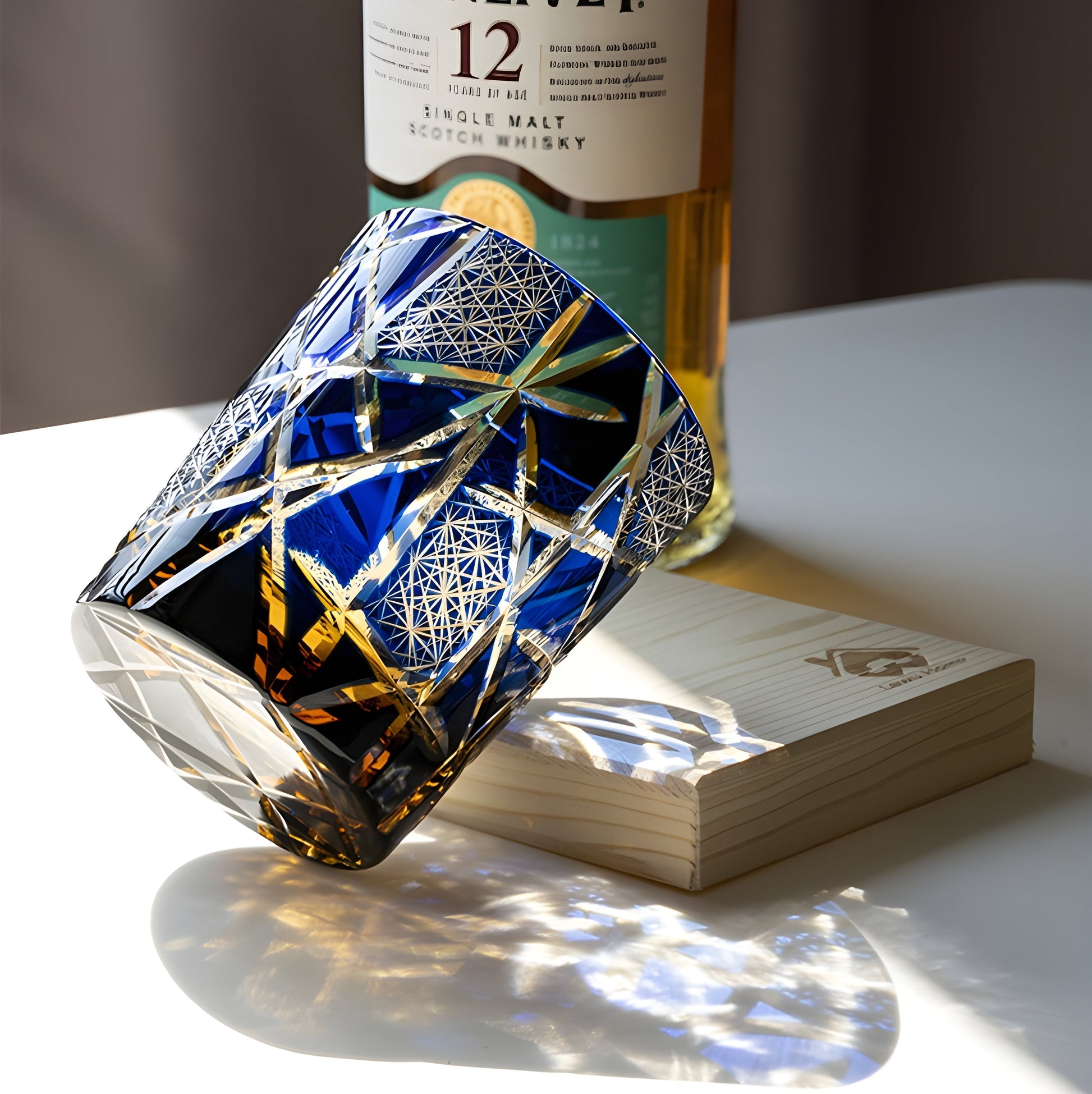 Bicchiere Edo Kiriko – ‘Fulmine Ambra Blu’ e 'Clear Blu' – Scatola in legno GuerraHome