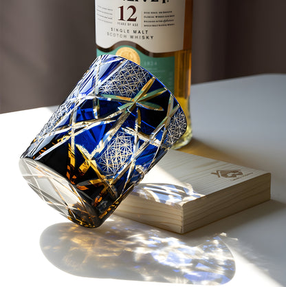 Bicchiere Edo Kiriko – ‘Fulmine Ambra Blu’ e 'Clear Blu' – Scatola in legno GuerraHome