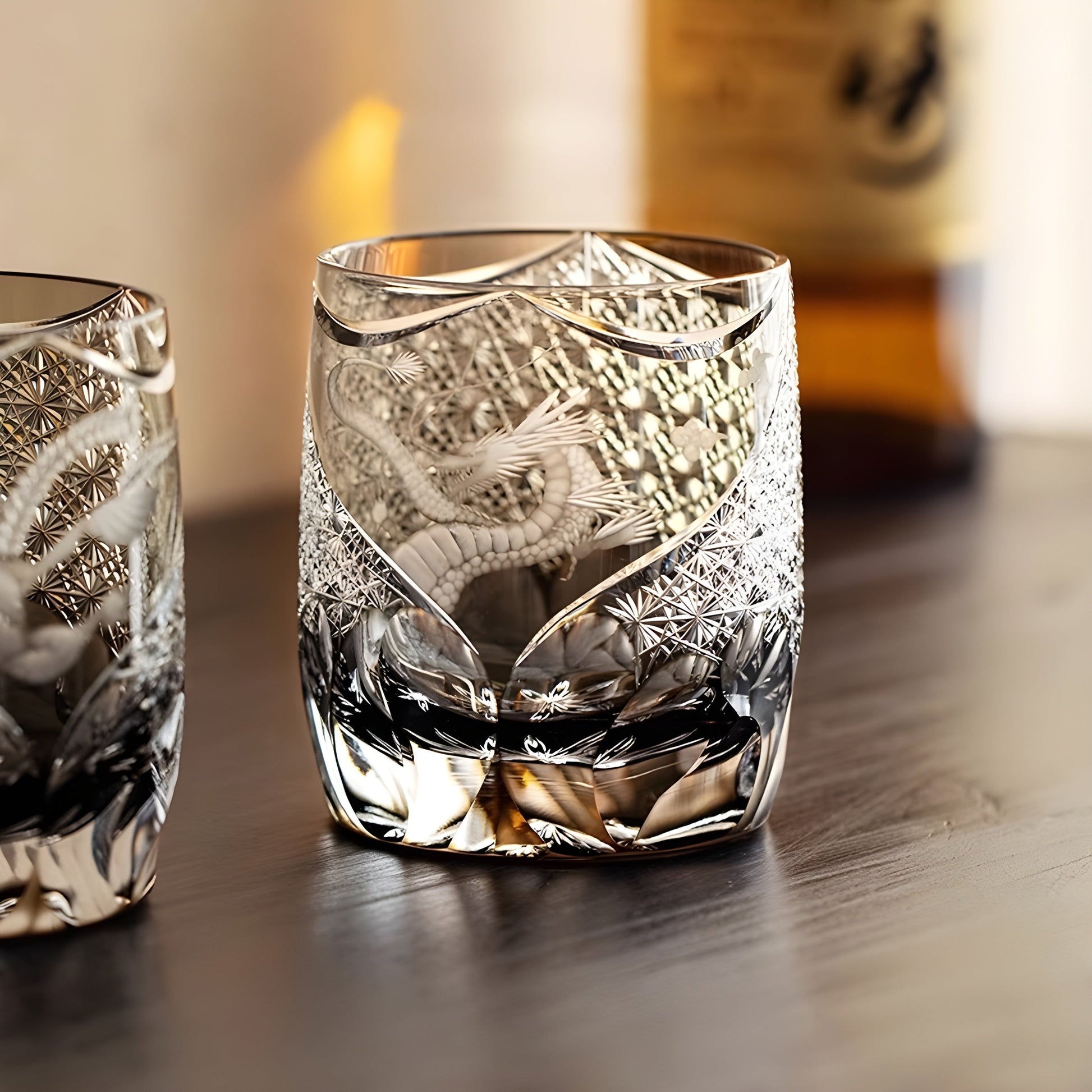 Bicchiere Edo Kiriko – Drago Ambra Intagliato – Scatola in legno GuerraHome