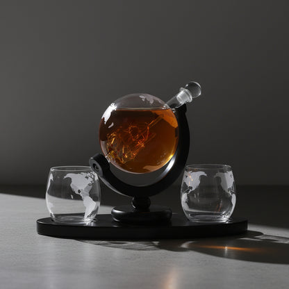 Set Di Bicchieri e Decanter - Modello "Viaggiatore" - Globo con Veliero e Mappamondo