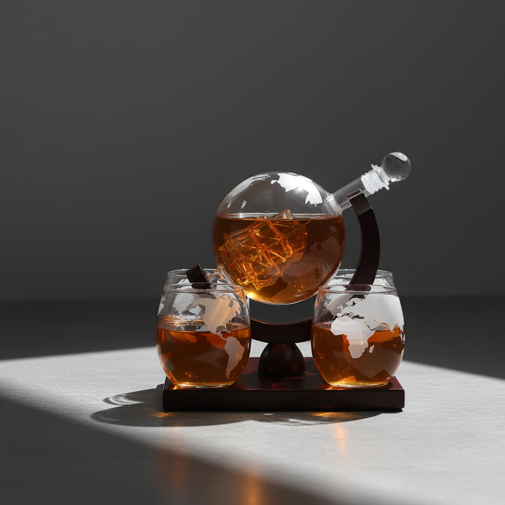 Set Di Bicchieri e Decanter - Modello "Viaggiatore" - Globo con Veliero e Mappamondo