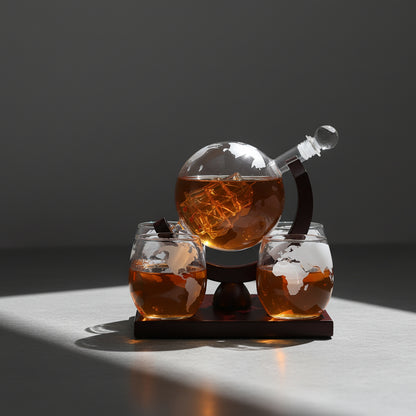 Set Di Bicchieri e Decanter - Modello "Viaggiatore" - Globo con Veliero e Mappamondo